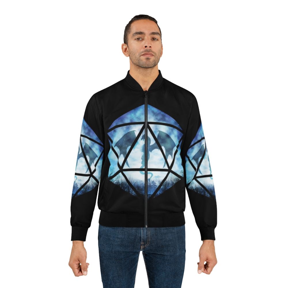 An ice dragon D20 bomber jacket with a blue and white design - Lifestyle