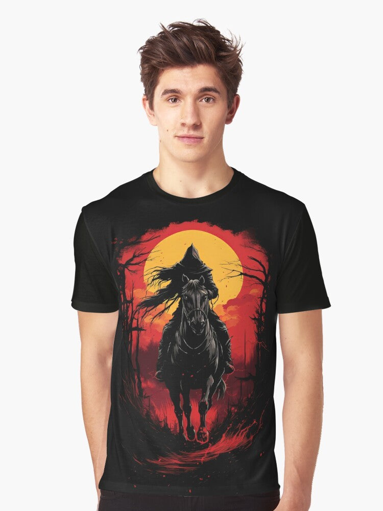 Spooky horseman graphic t-shirt with a dark, Halloween-themed design - Men