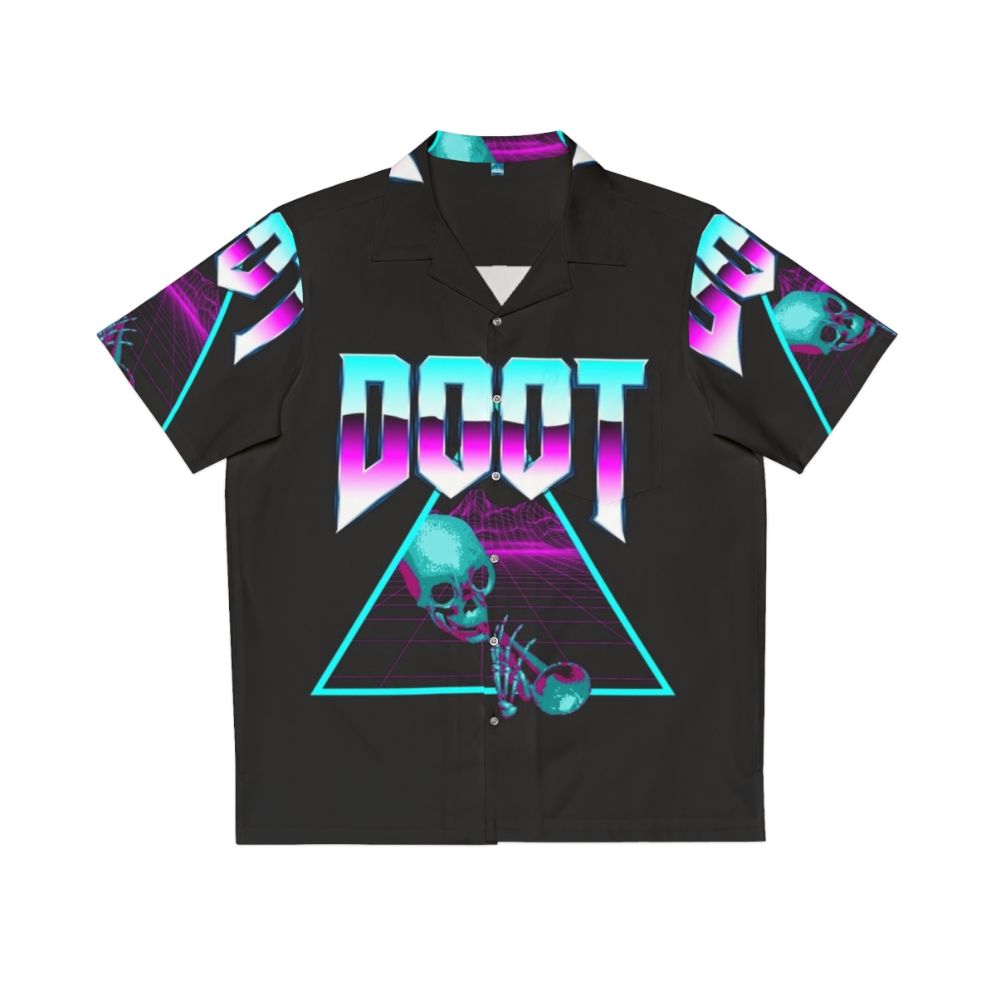 Retro 80s 90s vaporwave Hawaiian shirt with synthwave outrun aesthetic and palm tree pattern