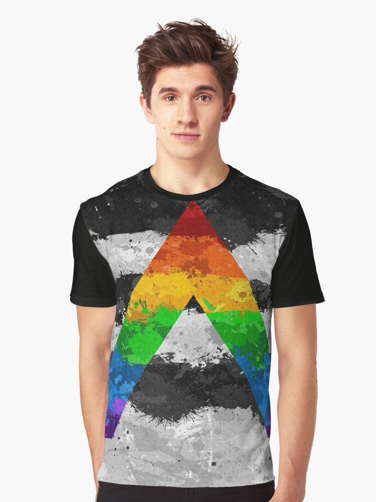 Abstract paint splatter design in the colors of the LGBT pride flag on a graphic t-shirt - Men