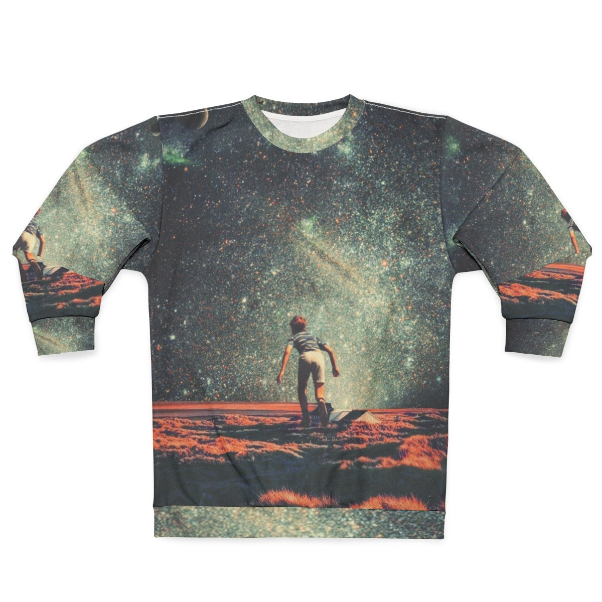 Nostalgia vintage graphic sweatshirt featuring a colorful collage design with space, stars, and retro elements