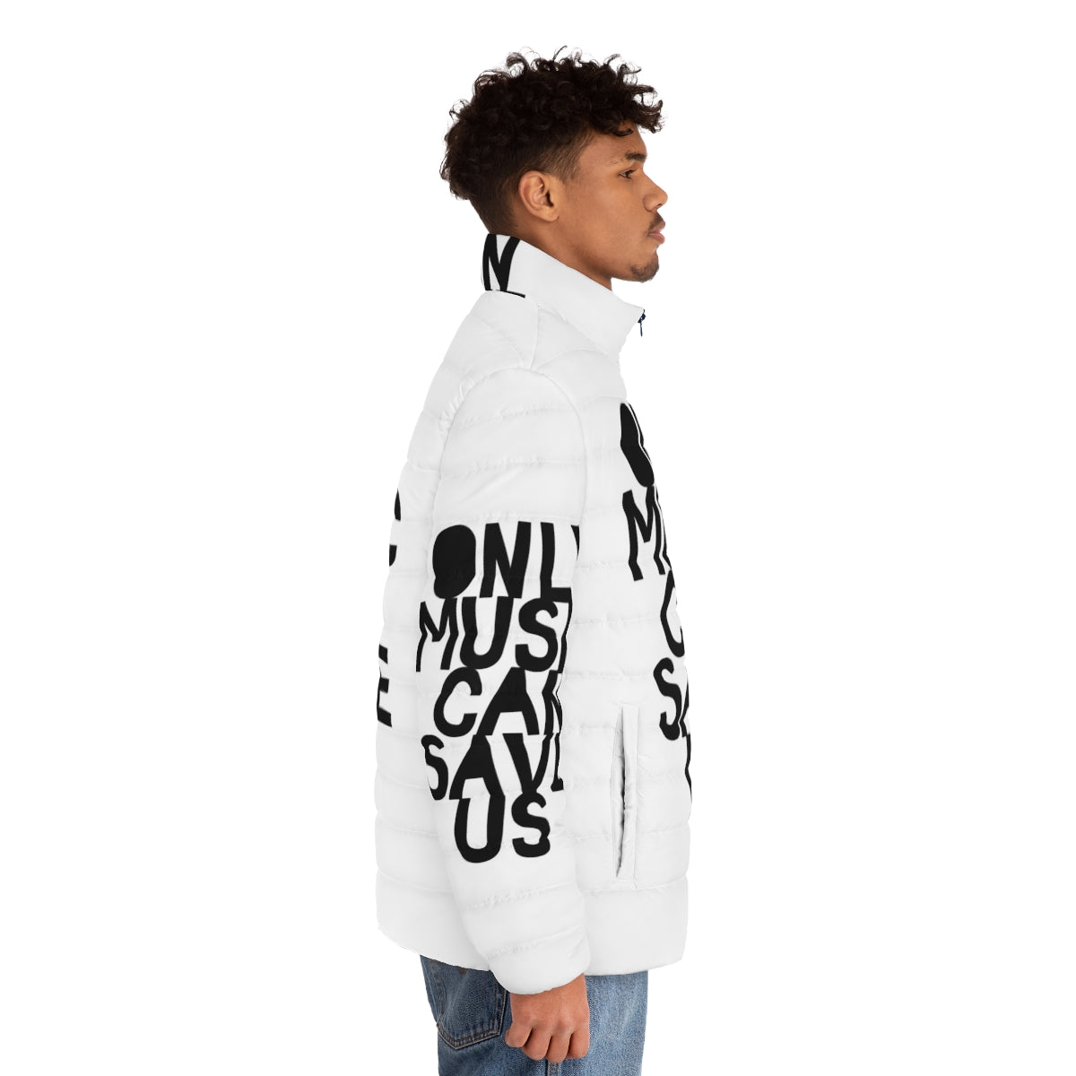 Puffer jacket with "Only Music Can Save Us" music quote and hand-drawn typography design - men side right