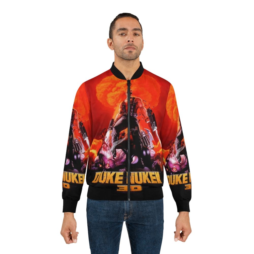 Duke Nukem 3D retro game print on a high contrast bomber jacket - Lifestyle