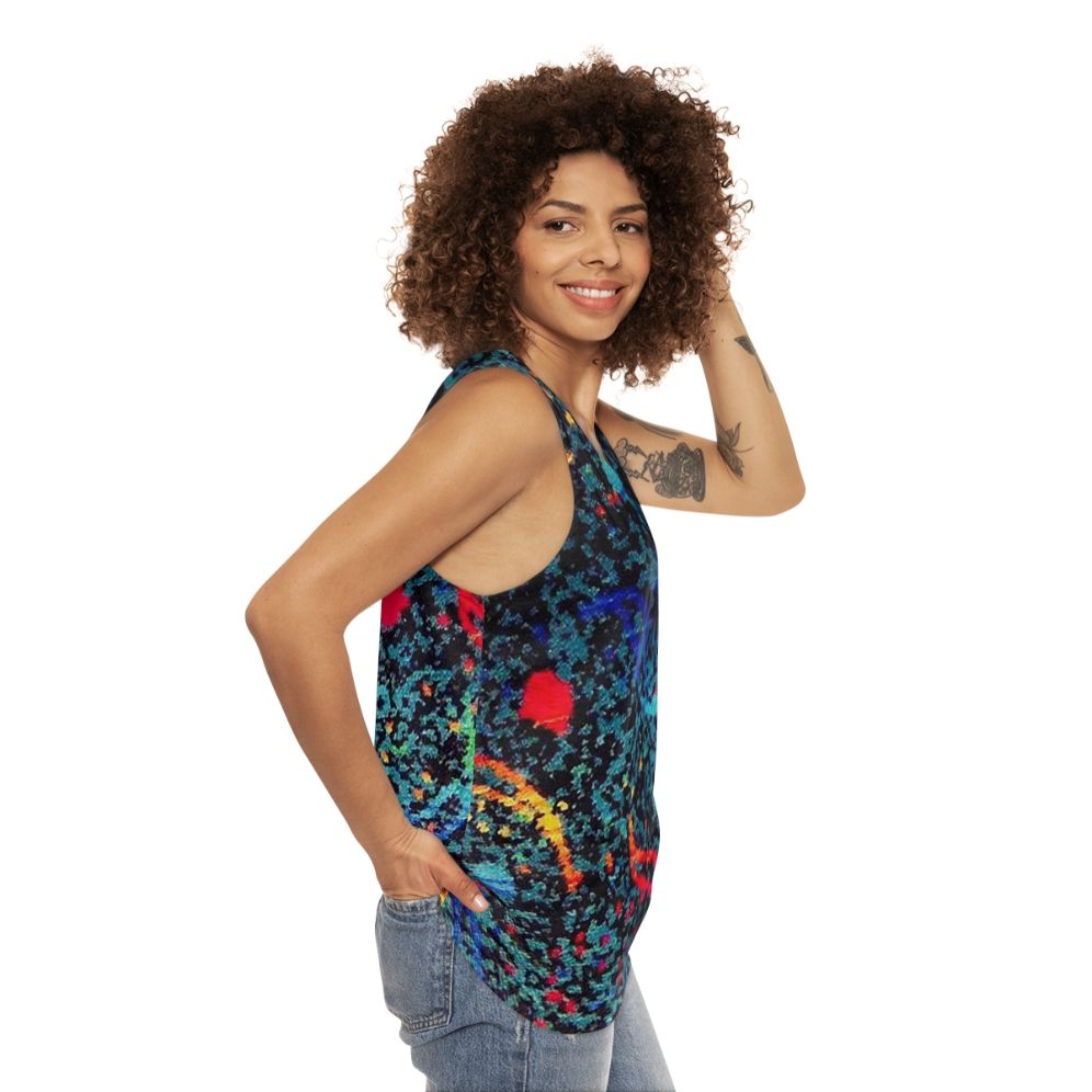 Unisex tank top with retro bus seat pattern design - women side