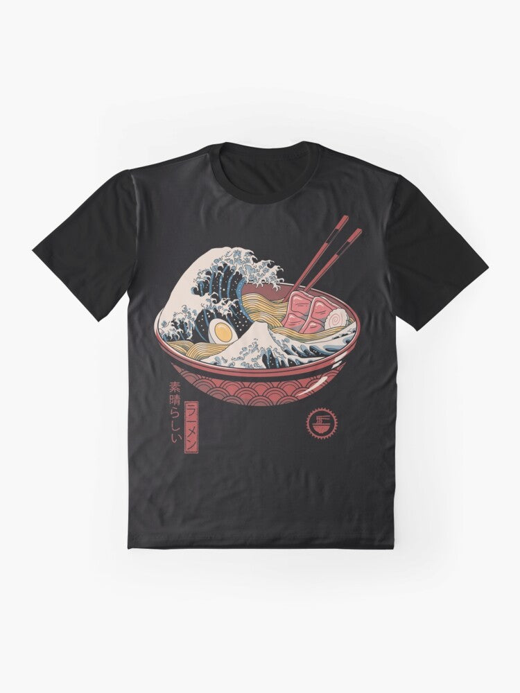 Graphic t-shirt depicting the iconic "The Great Wave off Kanagawa" design with ramen noodles - Flat lay