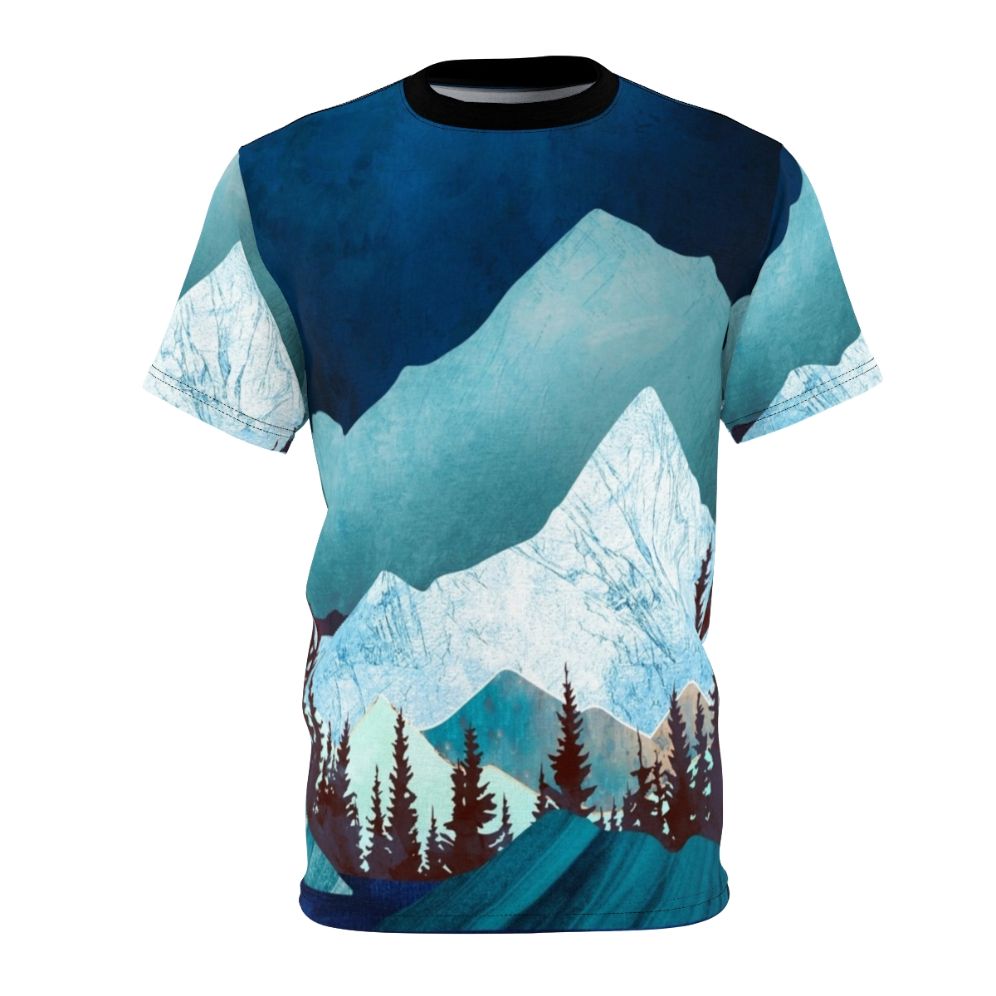 Serene and ethereal moon bay landscape on an all-over printed t-shirt