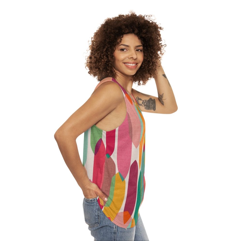 Colorful mid century modern droplets pattern on unisex tank top - women side