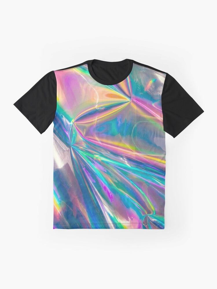 Holographic iridescent graphic design on a t-shirt - Flat lay