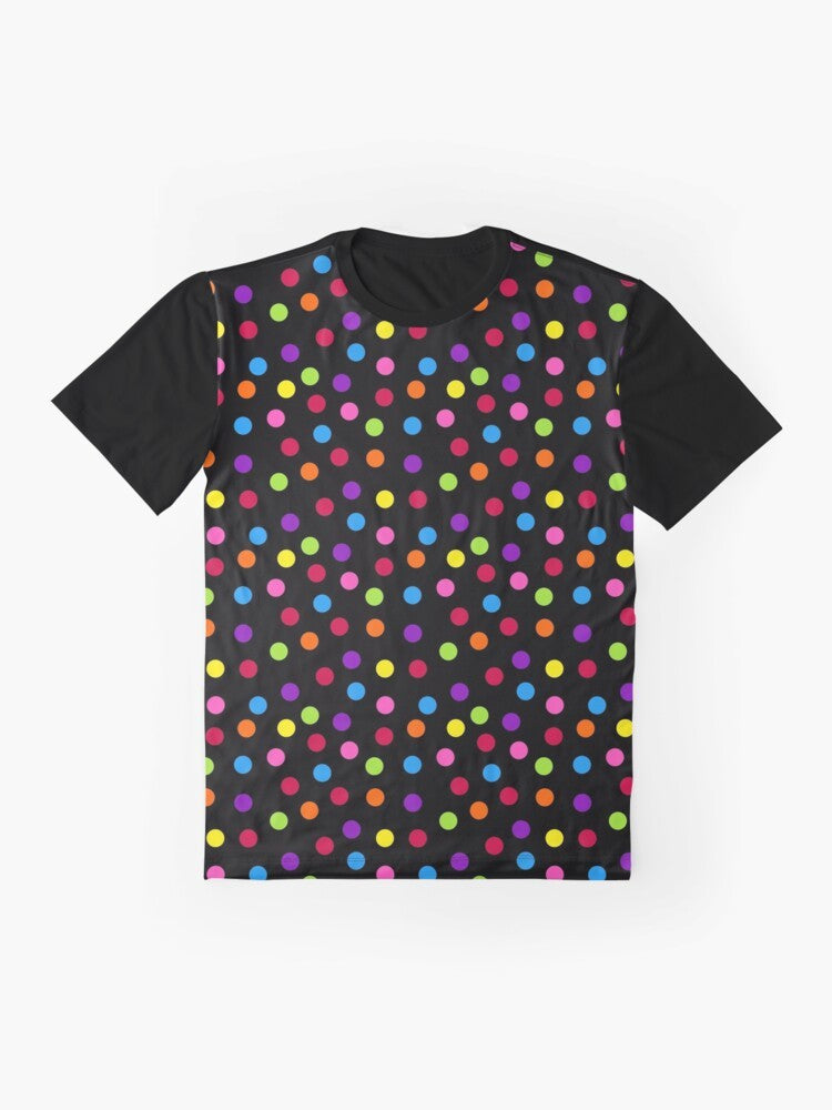 A black t-shirt with a colorful rainbow polka dot pattern graphic design. - Flat lay