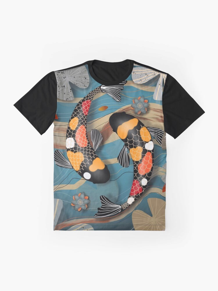 Koi fish swimming in a pond with a watergarden graphic design on a t-shirt - Flat lay