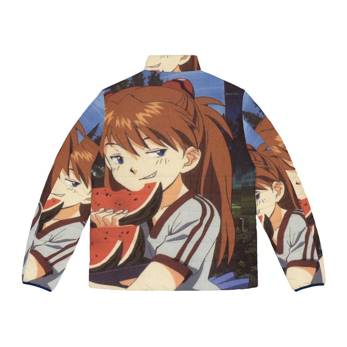 Smug anime-inspired puffer jacket with watermelon and Evangelion design - Back