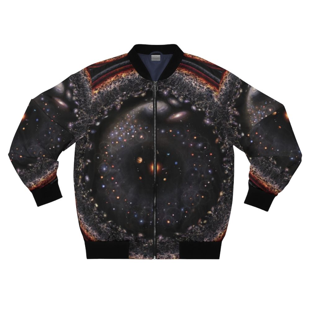 Bomber jacket with a logarithmic illustration of the observable universe, featuring planets, stars, and galaxies.