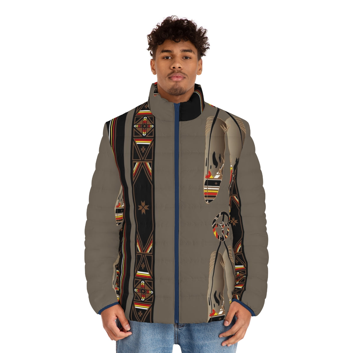 Model wearing a colorful puffer jacket featuring native american inspired designs and patterns - men front