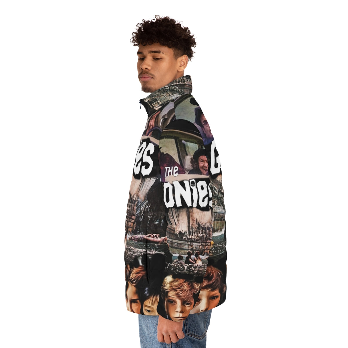 A puffer jacket featuring the iconic logo and imagery from the classic 1980s film The Goonies - men side left