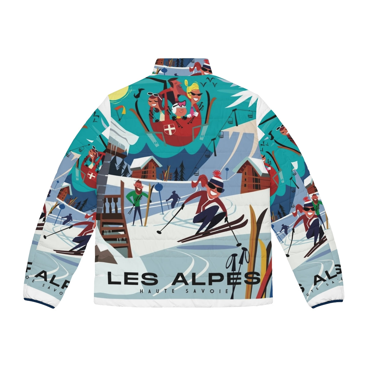 Retro Les Alpes ski poster puffer jacket featuring alpine mountains, skiing, and chalet lifestyle - Back