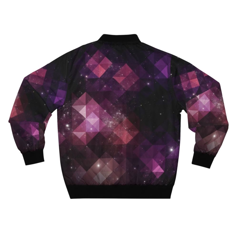 Cosmic Geometric Space Bomber Jacket with triangle and star pattern in pink, black, and purple colors - Back