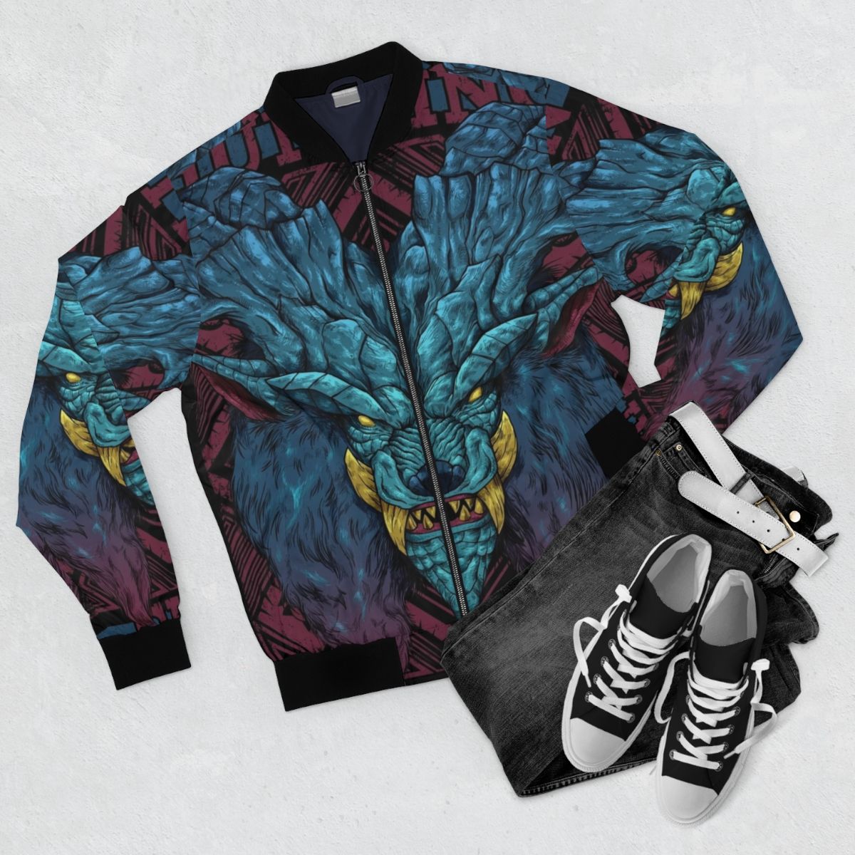 Hunting Club Lunastra Bomber Jacket with Monster Hunter Elder Dragon Design - Flat lay