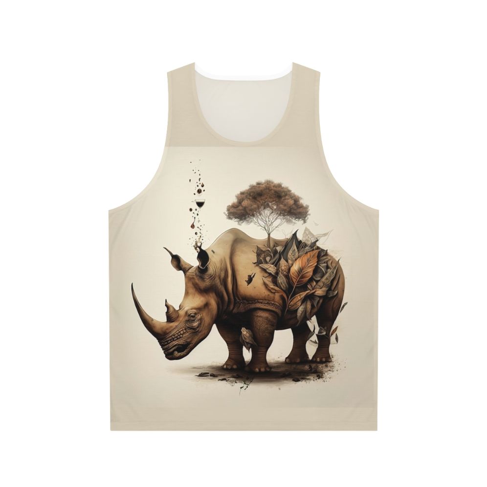 Rhinoceros with floral and botanical graphics on a unisex tank top