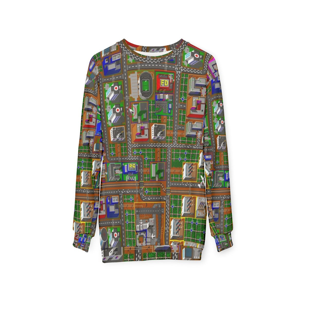 Retro Simcity 1 gaming sweatshirt with pixelated graphics - hanging