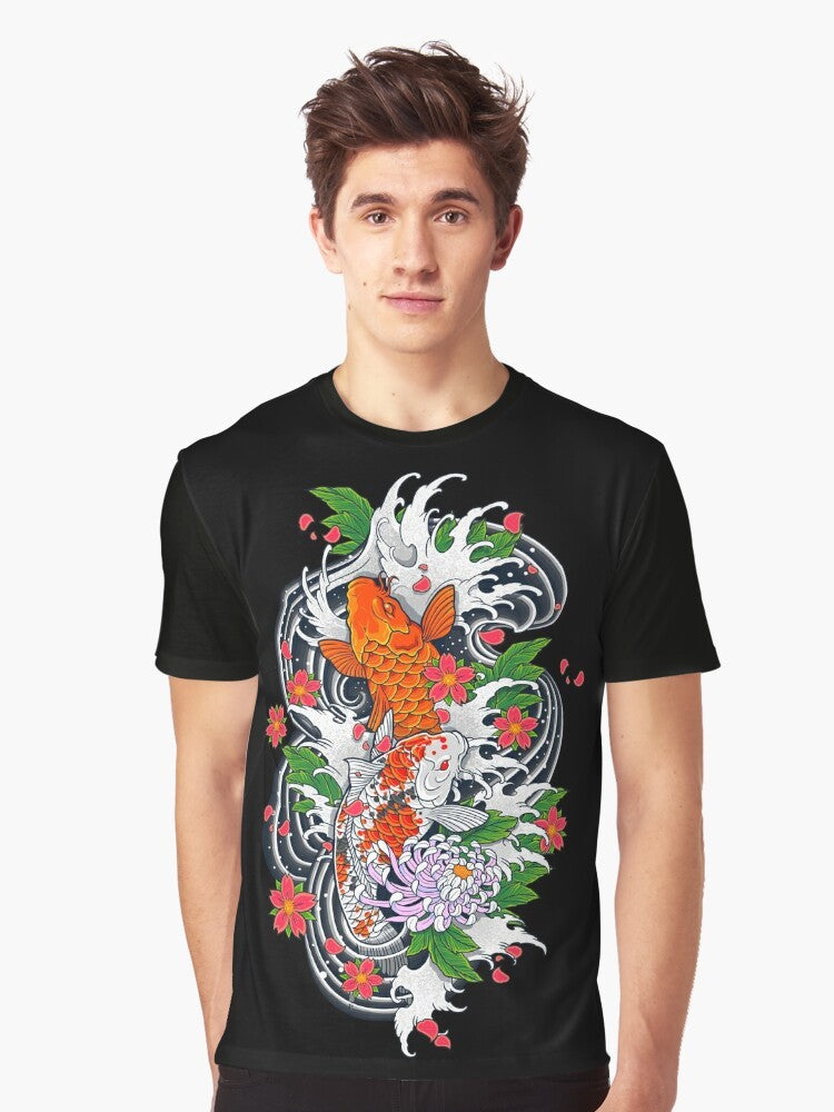 Artistic and unique koi fish pond graphic t-shirt with Japanese-inspired design - Men