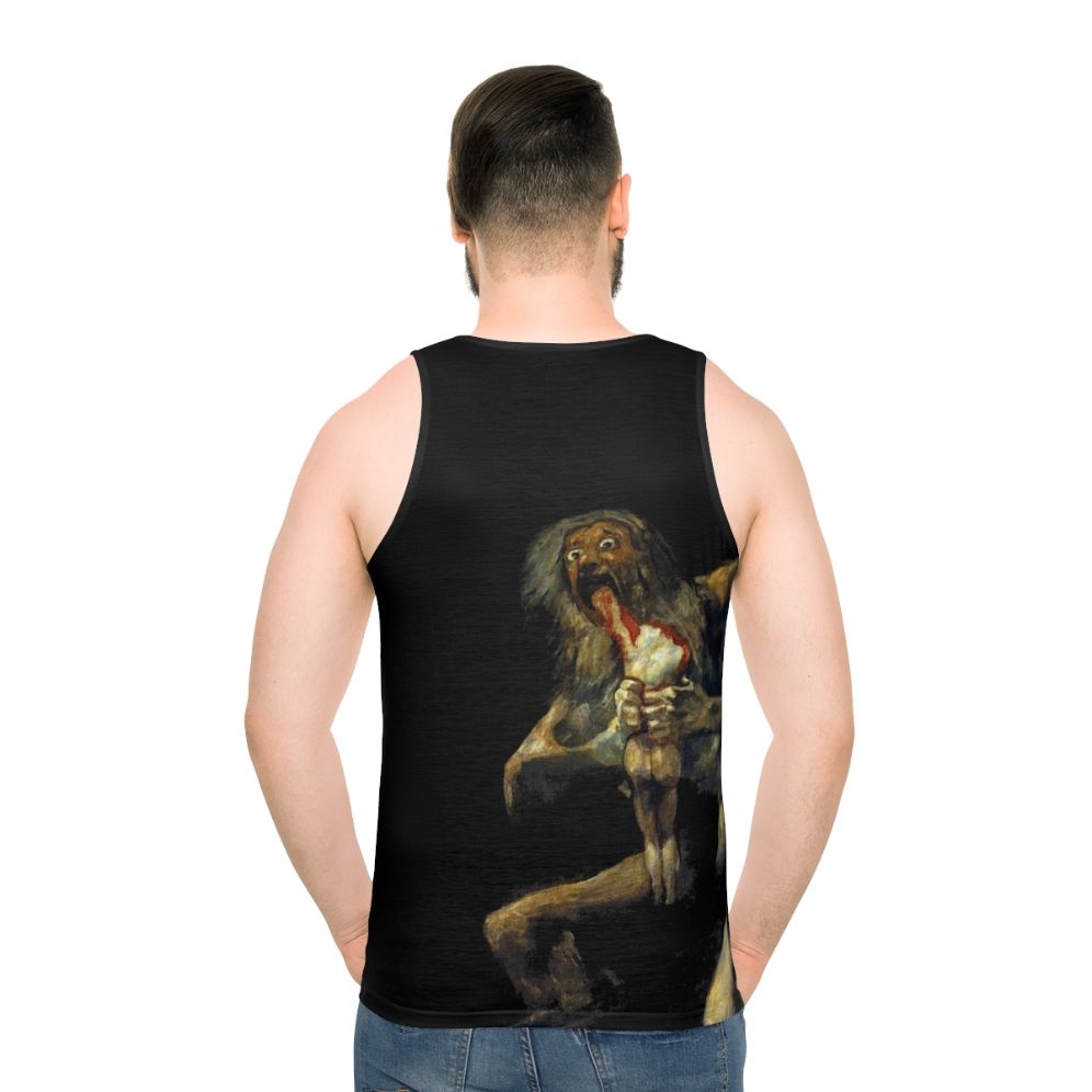 Unisex tank top featuring the mythological figure of Saturn devouring his son - men back