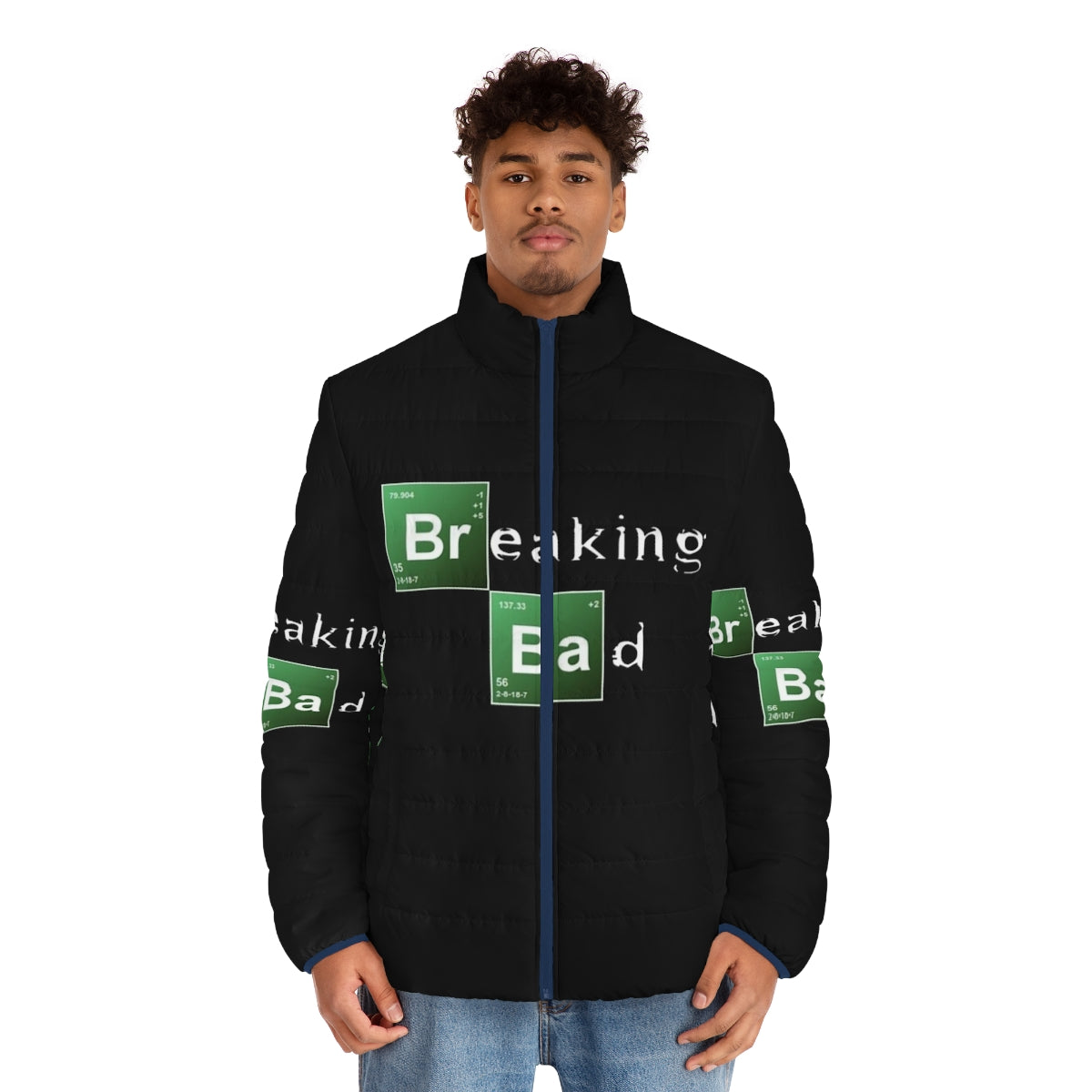 Breaking Bad inspired puffer jacket with respirator mask - men front