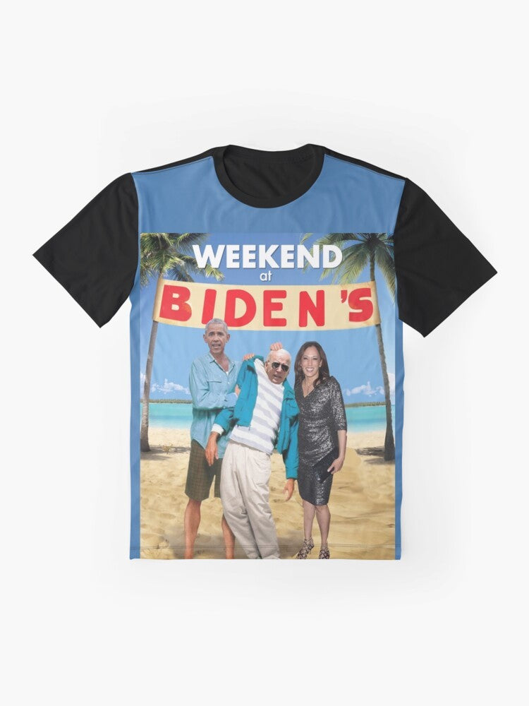 "Weekend at Bidens" funny parody t-shirt design featuring Biden and the "Weekend at Bernies" pun - Flat lay