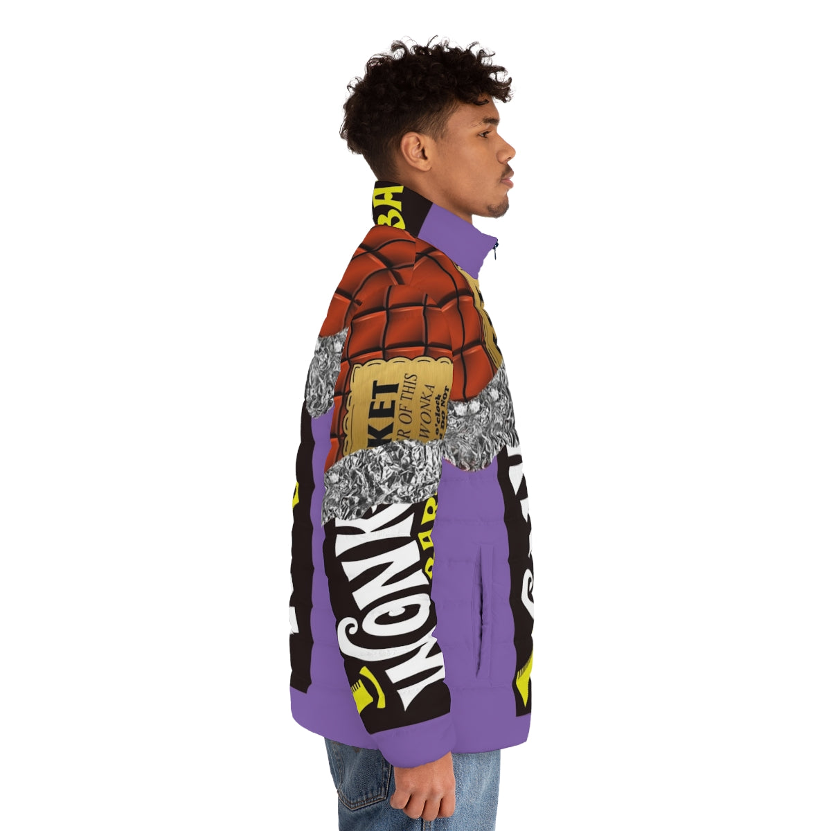 A vibrant puffer jacket featuring the iconic Wonka's Golden Ticket design, perfect for chocolate-loving winter fashionistas. - men side right