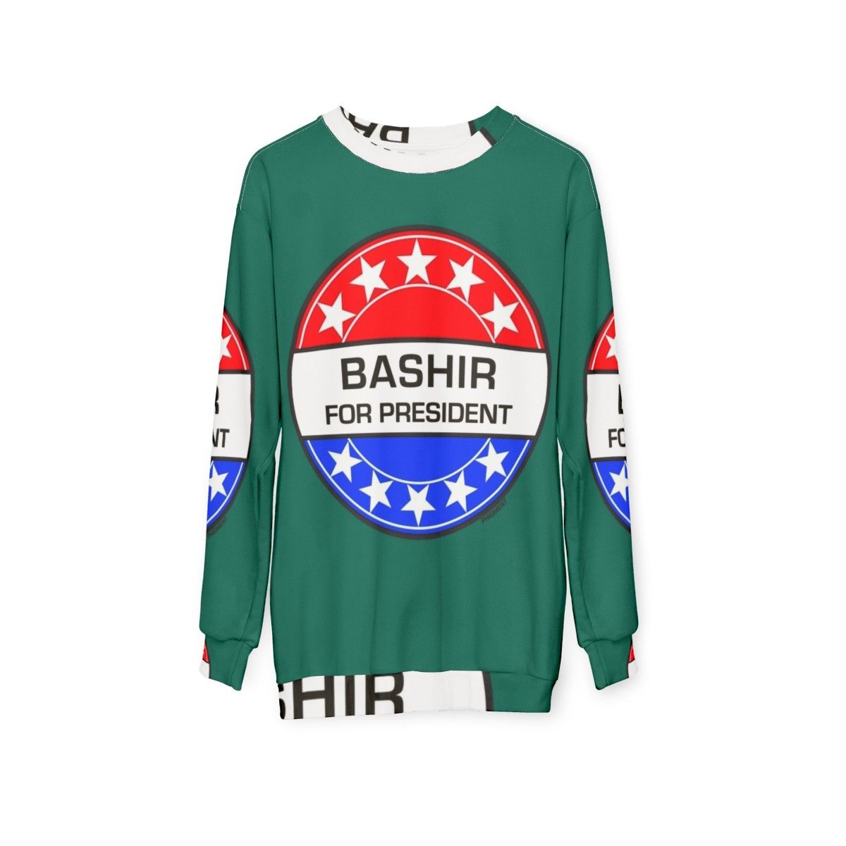 "Bashir For President" sci-fi sweatshirt featuring retro Star Trek pop art design - hanging