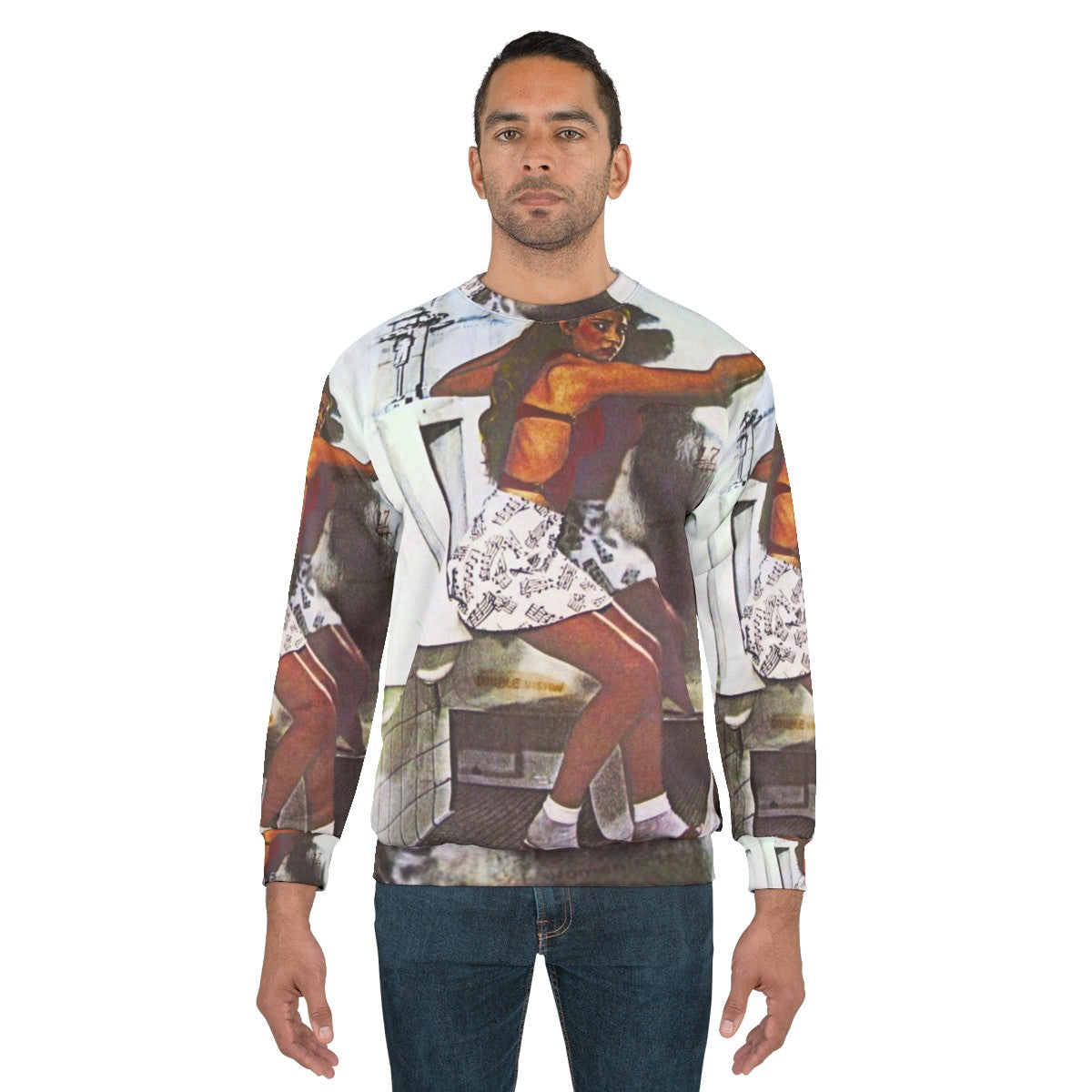 Classic rock-inspired sweatshirt design featuring a guitar icon and music album artwork - men