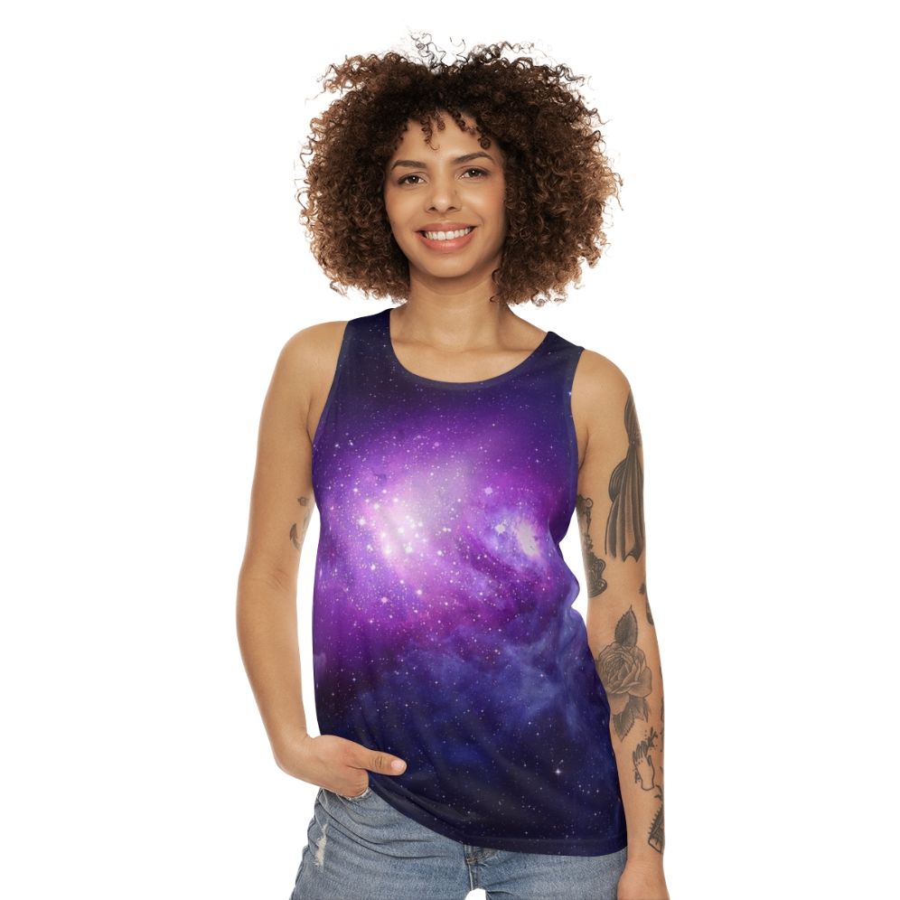 Vibrant galaxy unisex tank top with starry night design - women