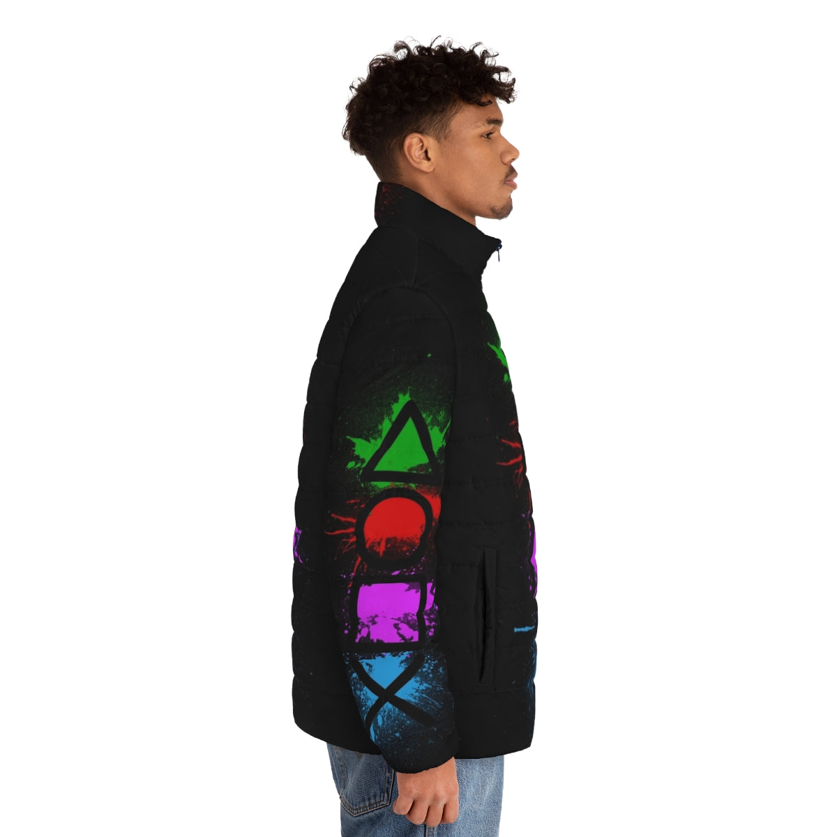 Splatter puffer jacket with video game controller buttons design - men side right