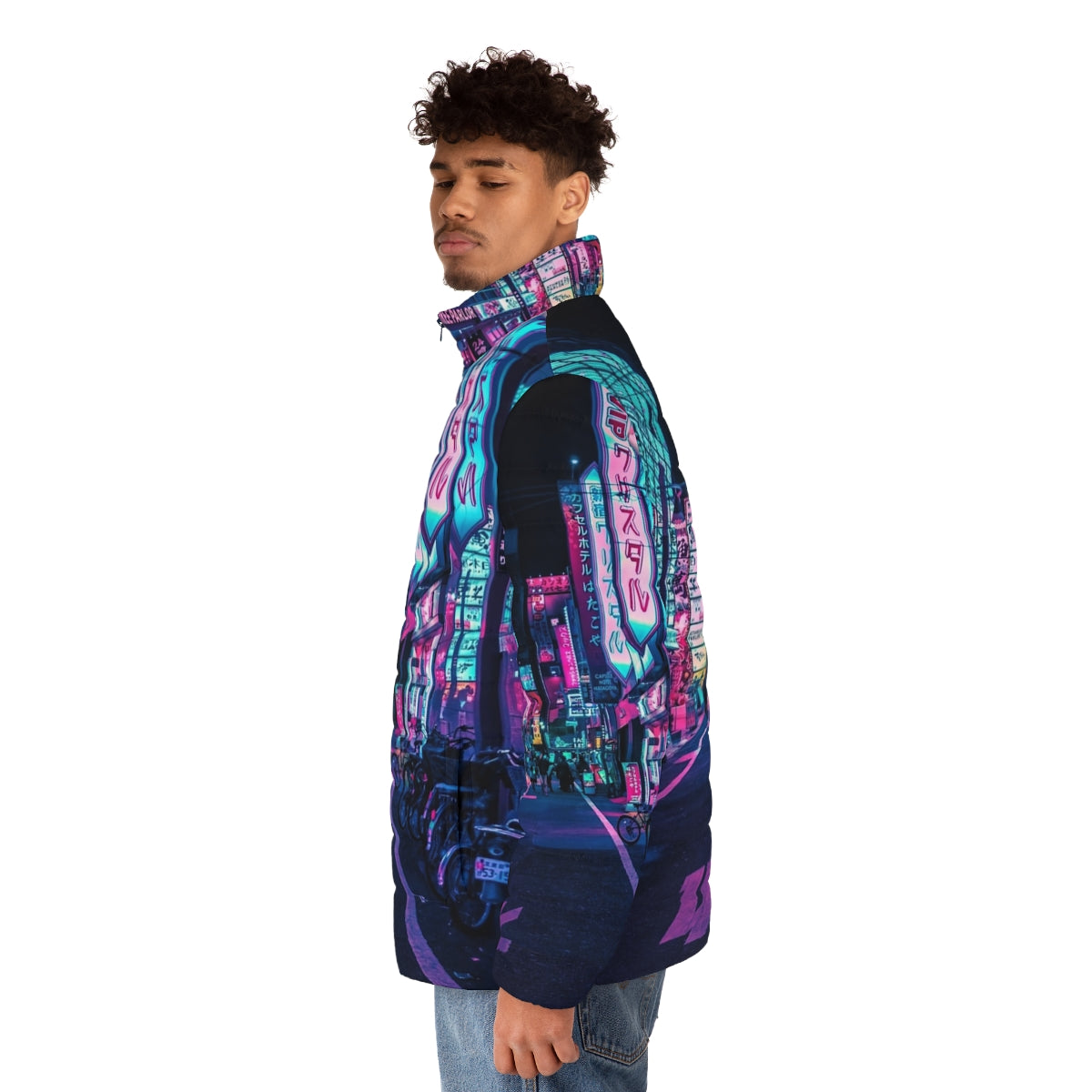 Tokyo Neon Wonderland Puffer Jacket 2 - Futuristic cyberpunk style puffer jacket with neon lights and pastel colors - men side left