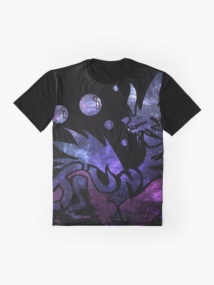 Minimalist graphic t-shirt featuring the Mizutsune monster from Monster Hunter World set against a galaxy background - Flat lay