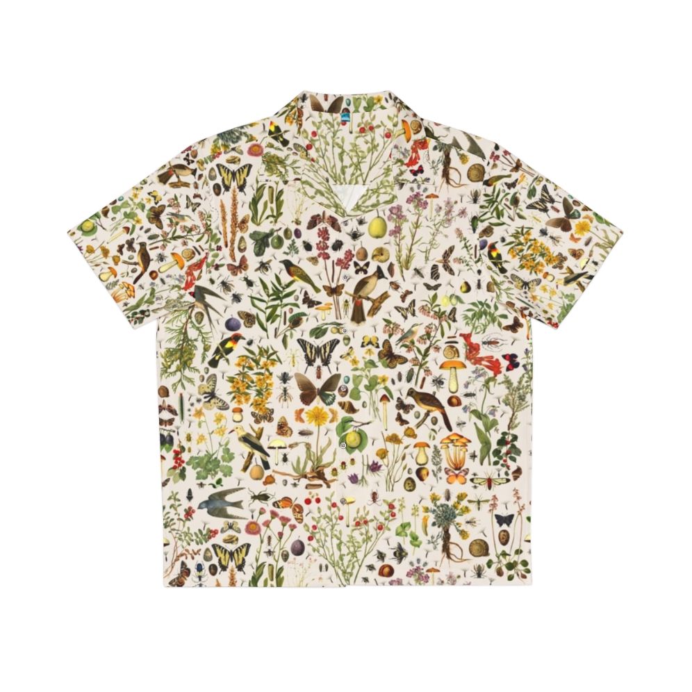 Colorful Hawaiian shirt featuring detailed illustrations of American plants, animals, and flora