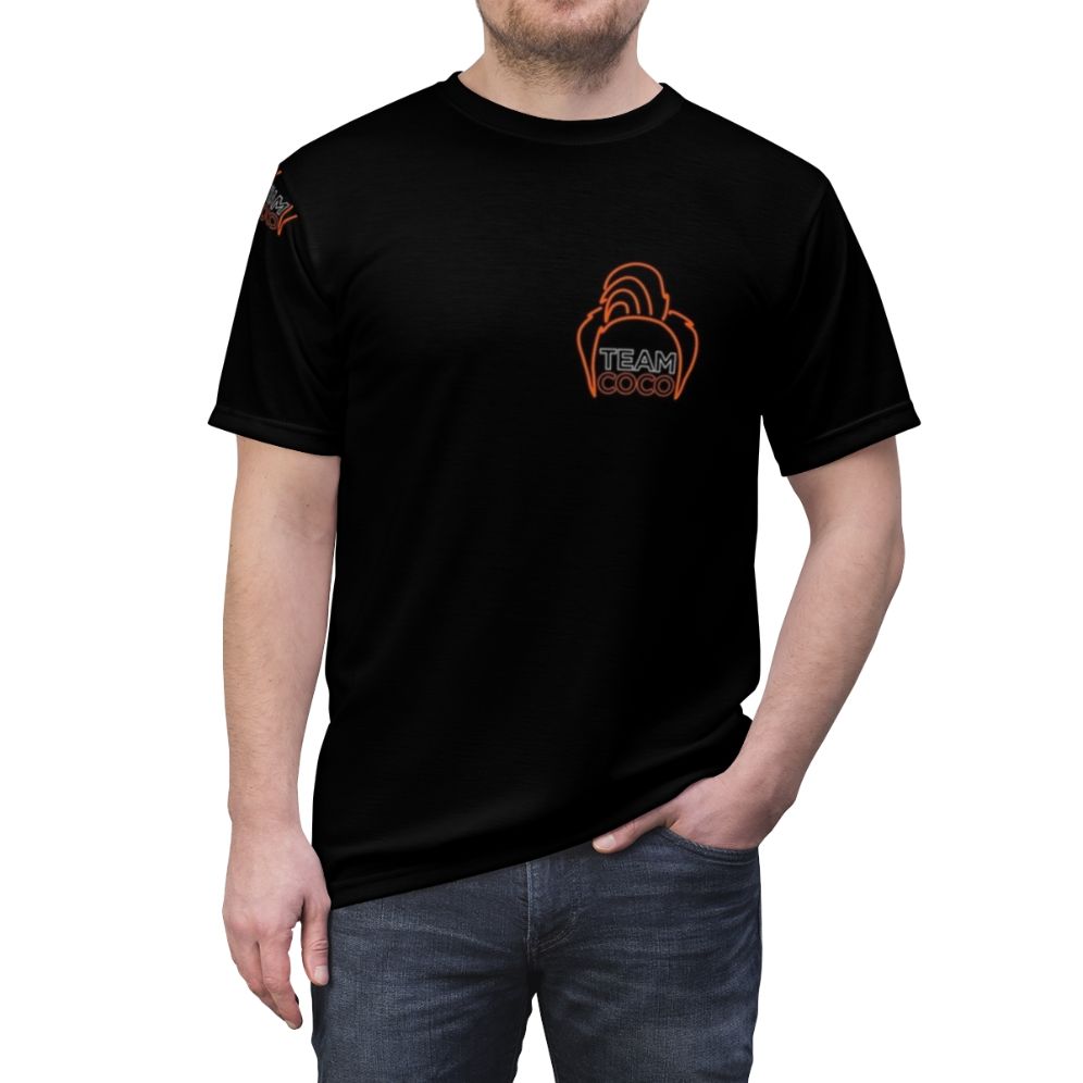 Conan O'Brien inspired portrait t-shirt featuring a digital vector art design with a neon sign aesthetic - men front