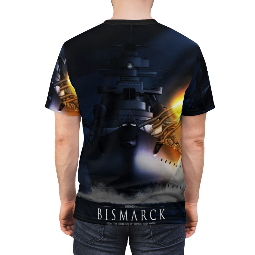 Detailed WWII battleship Bismarck artwork on a quality AOP t-shirt - men back