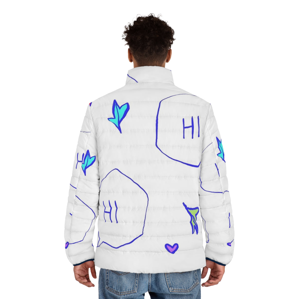 Heartstopper Hi Quote Puffer Jacket with Cute Fanart Design - men back