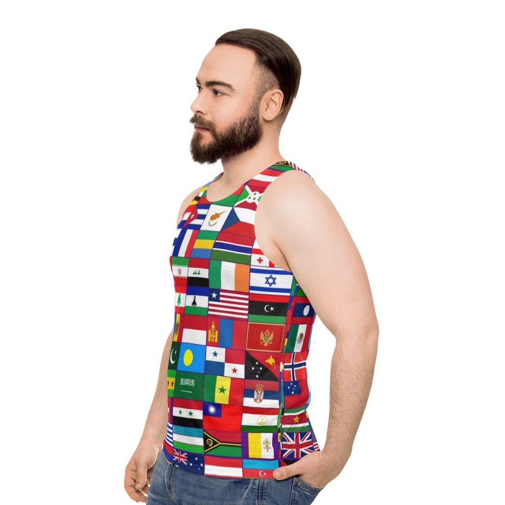 Unisex tank top with vibrant world flags design - men side