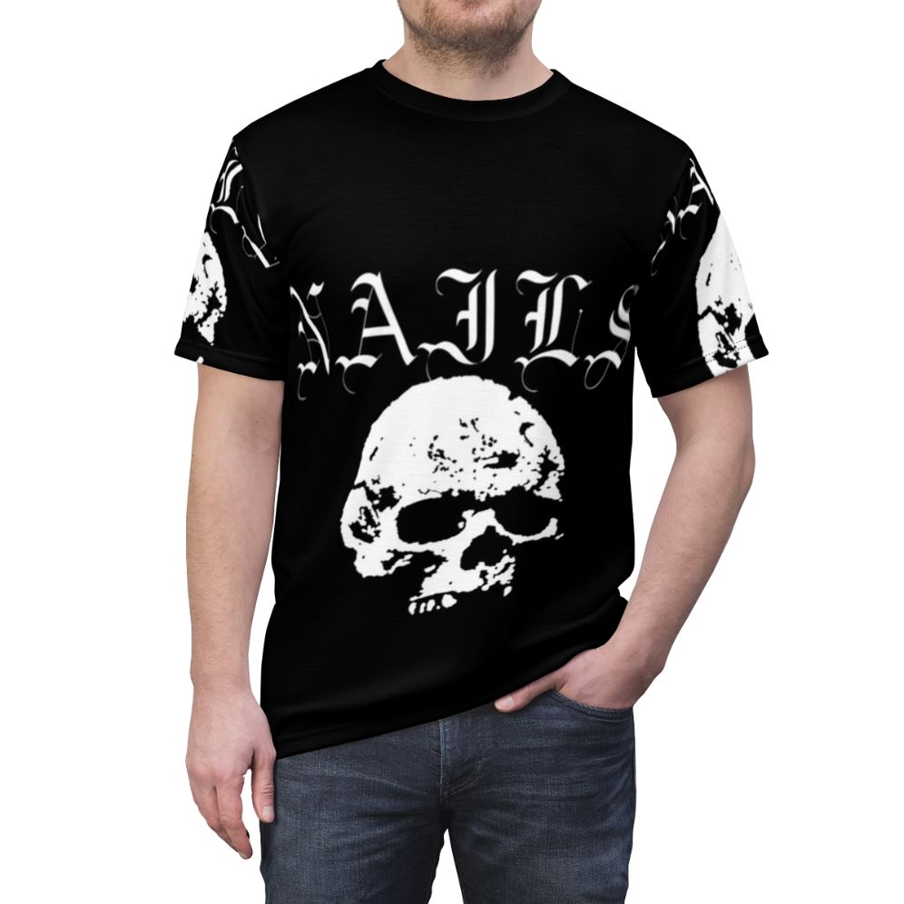 Hardcore punk band graphic t-shirt with skull design - men front