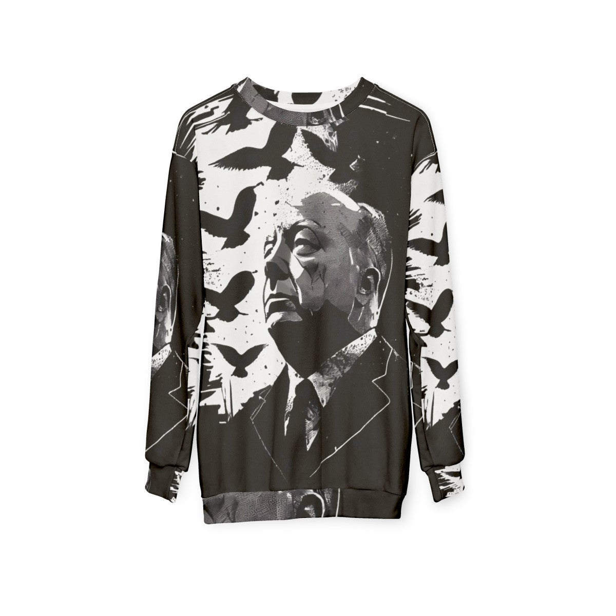 Alfred Hitchcock portrait sweatshirt with "The Birds" film reference - hanging