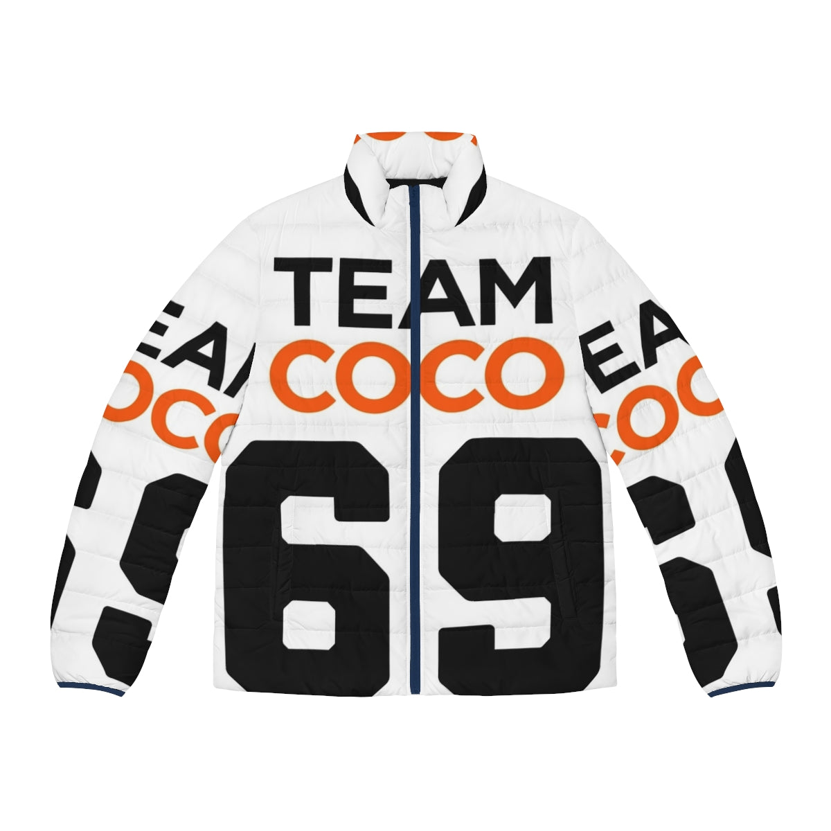 Team Coco football jersey style puffer jacket featuring Conan O'Brien's logo