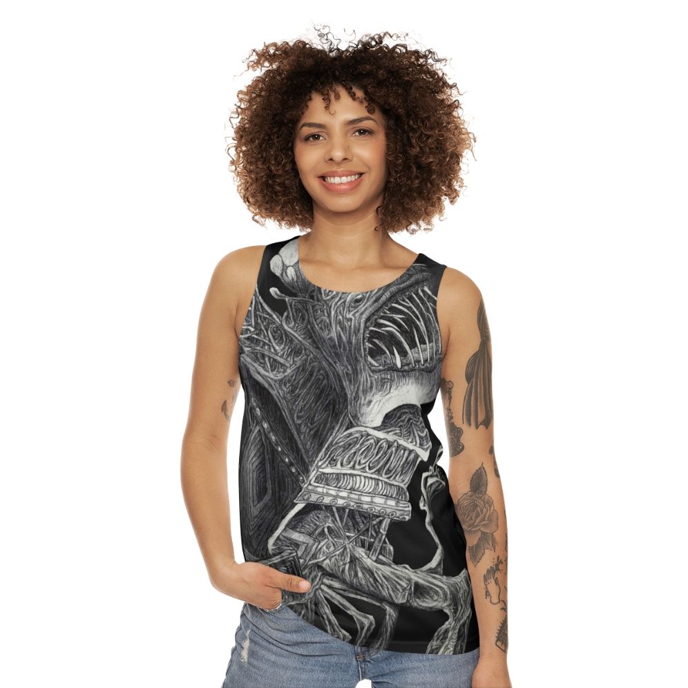 Surreal horror unisex tank top with monster graphic - women