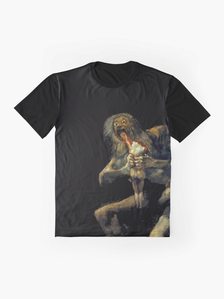 A graphic t-shirt featuring the renowned painting "Saturn Devouring His Son" by the Spanish artist Francisco Goya. - Flat lay