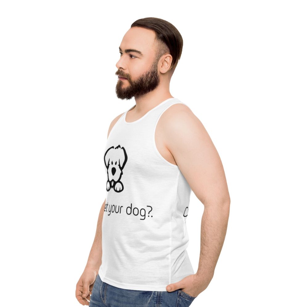 Cute dog lover unisex tank top with "Can I Pet Your Dog?" text - men side