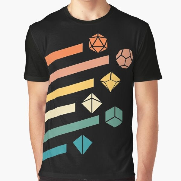 Retro polyhedral dice set in rainbow colors on a minimalist graphic t-shirt for dungeons and dragons fans.