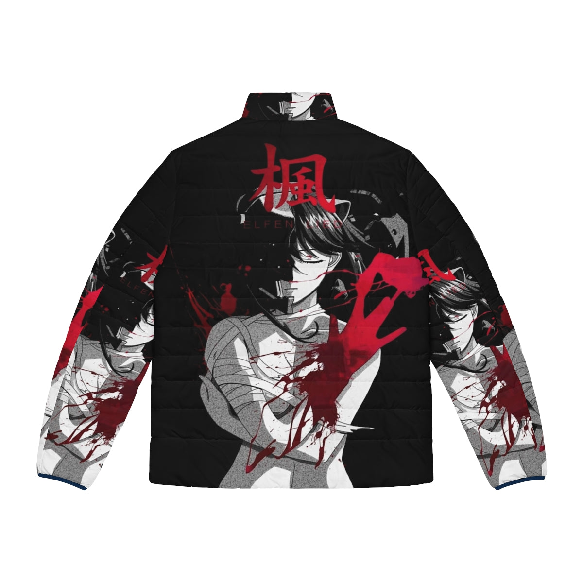 Dark puffer jacket with anime-inspired design - Back