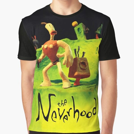 Retro "The Neverhood" graphic t-shirt featuring the Clayman character from the classic video game