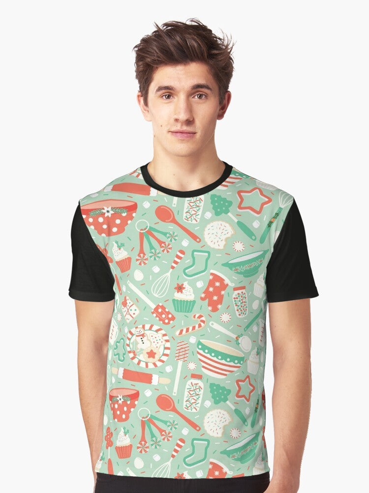 A vibrant graphic t-shirt featuring various Christmas baking elements like cookies, cupcakes, and candy canes. - Men