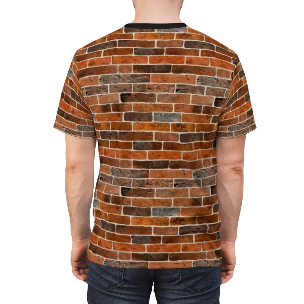 A t-shirt featuring a realistic brick wall print design - men back